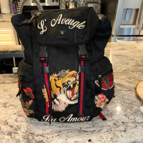 GUCCI Sherry Line LAveugle Par Amour Techno Backpack 429037 Black Canvas T00O - Picture 2 of 7